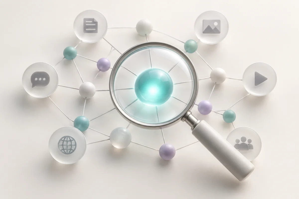 Magnifying lens highlighting a central node in a network of information sources.