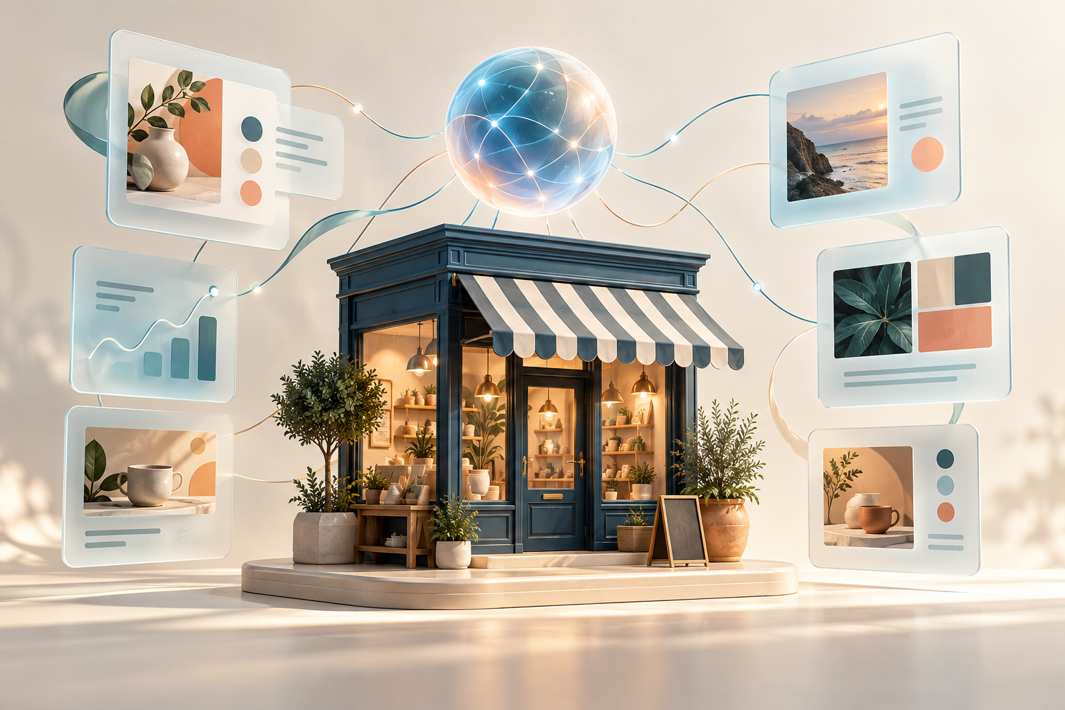 An independent shop connected to floating content cards and a glowing AI sphere.