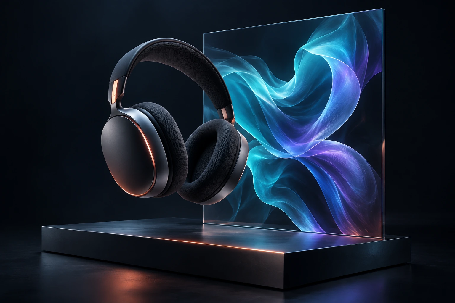 Graphite headphones floating beside a glass frame with flowing cyan and violet light.