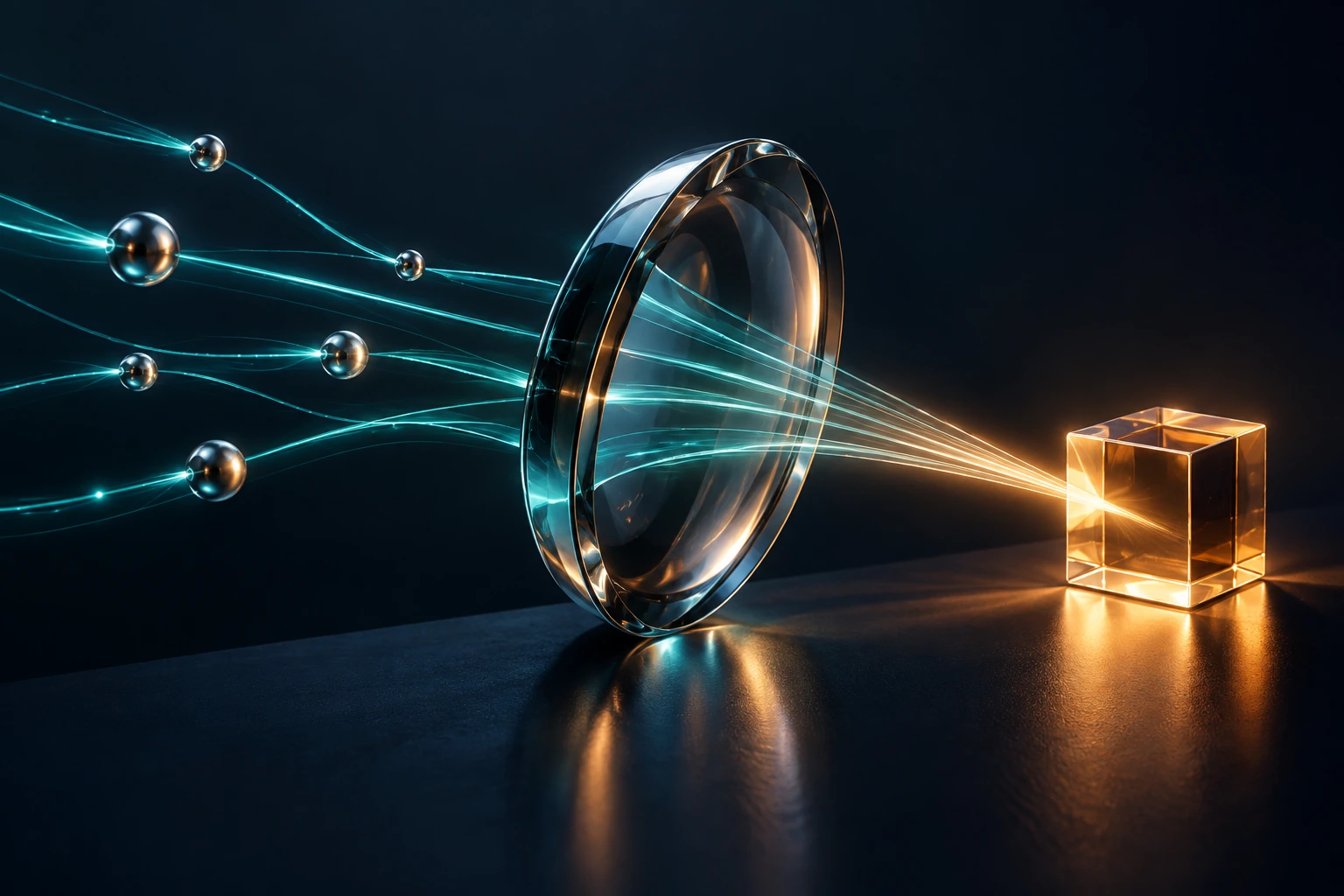 Teal light paths passing through a glass lens into an amber cube, illustrating advertising measurement.