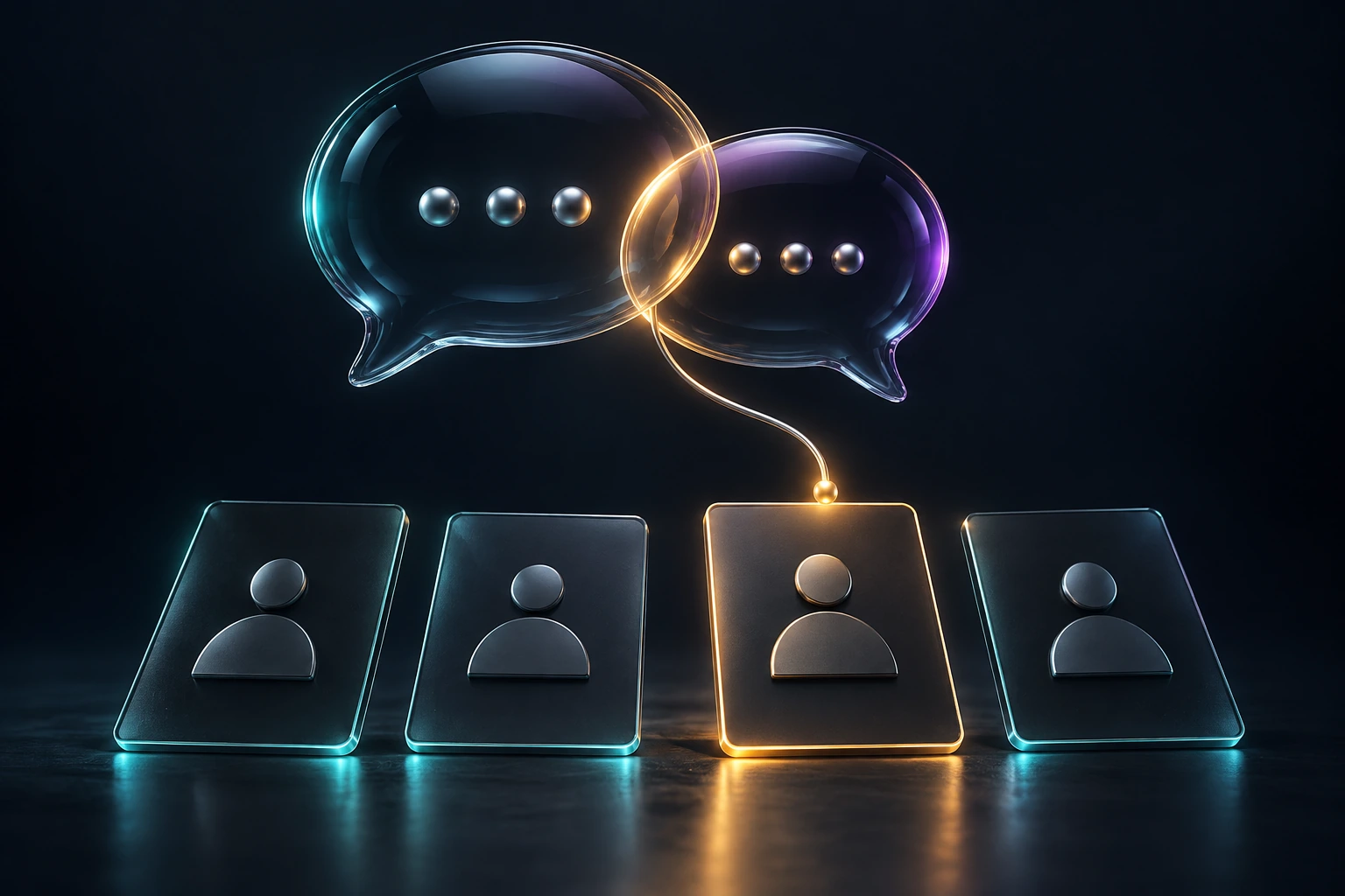 Glass conversation bubbles connected to an illuminated contact card, illustrating qualified enquiries.