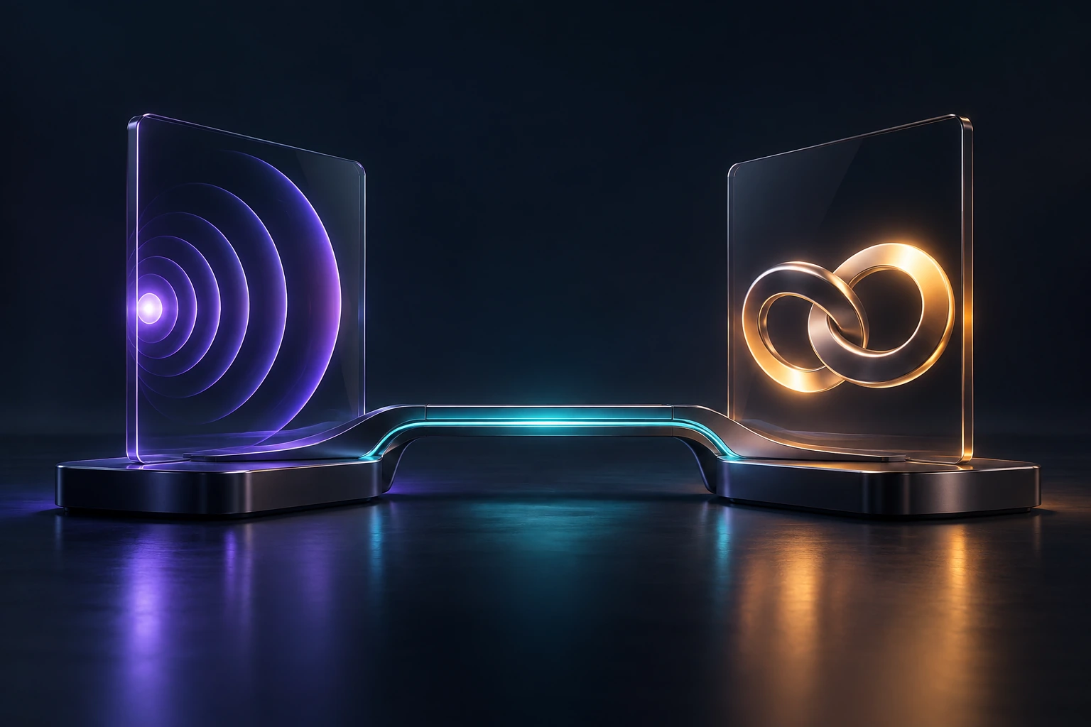 A glowing bridge linking a broadcast panel with interlocking metal loops, illustrating advertising connected to sales.