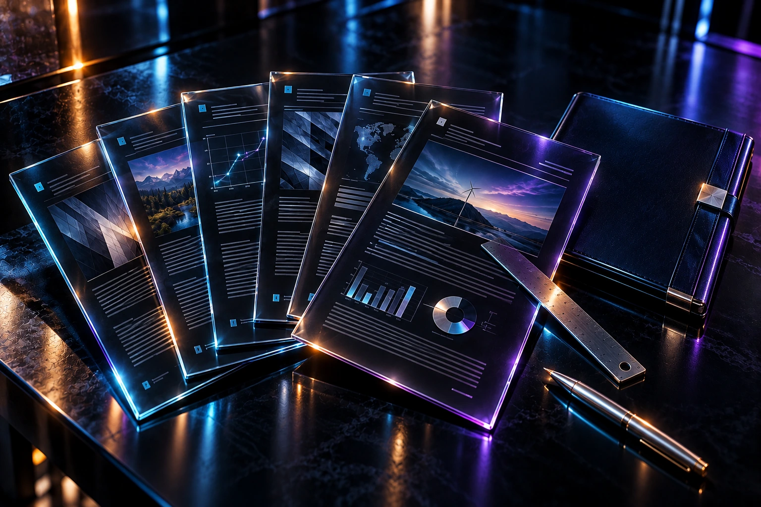 Fan of dark glass research panels beside a navy folio, chrome ruler and pen, with cyan, violet and amber reflections.