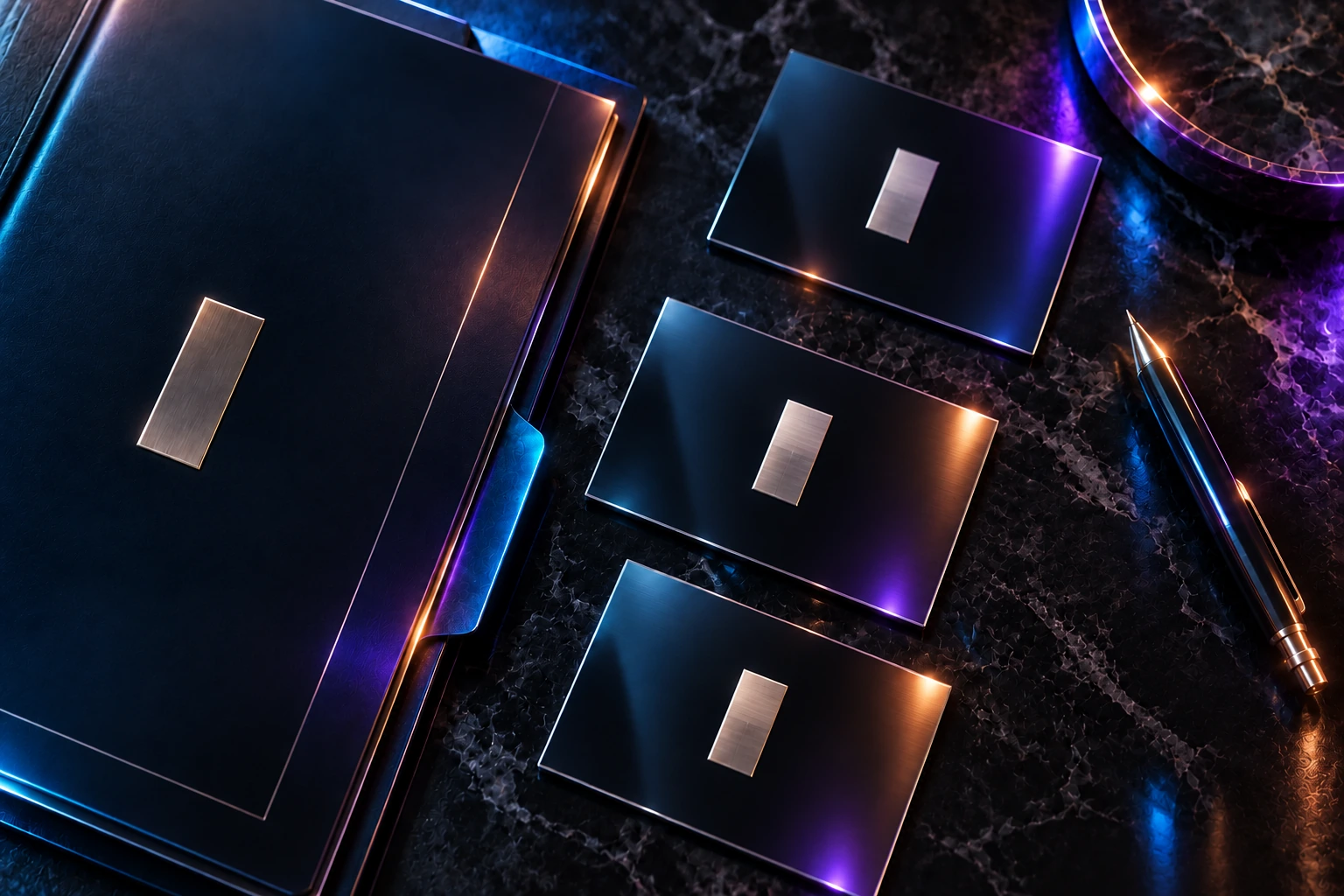 Three glossy black brand cards with brushed silver emblems beside a navy folio and chrome pen, lit by cyan, violet and amber reflections.