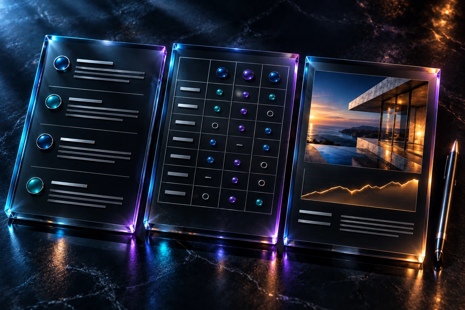 Three dark glass panels illustrating FAQs, a comparison table and a case study with jewel-coloured details.