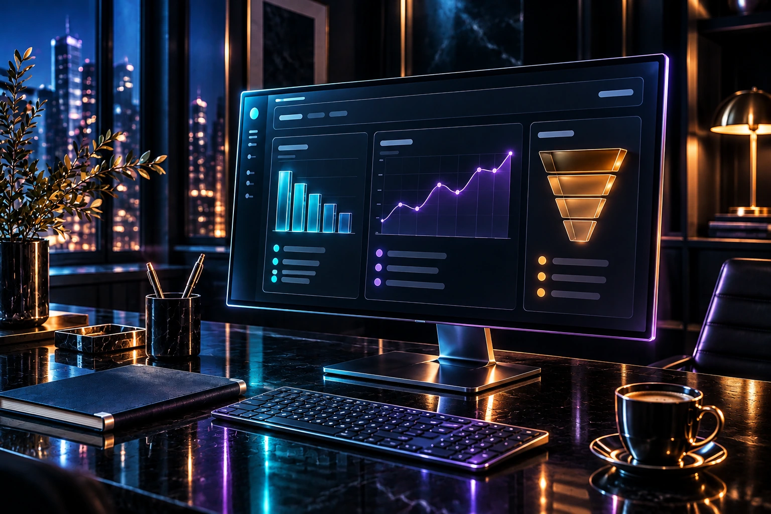 Dark analytics screen with cyan bars, a violet trend line and an amber funnel above a reflective black desk.