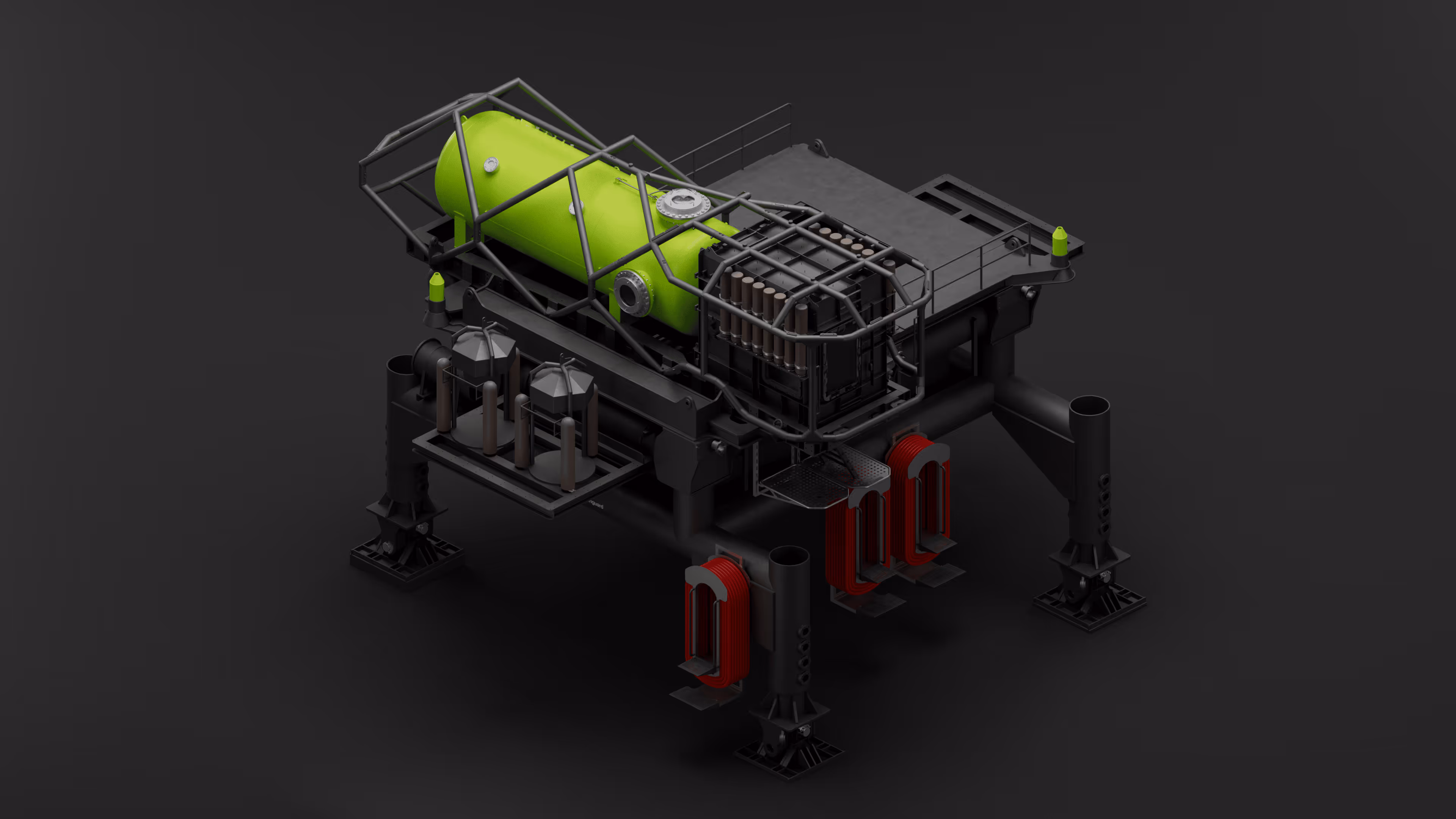 A detailed 3D model of Vanguard - subsea habitat with a lime green cylindrical pressure vessel and multiple mounted black and red industrial components.