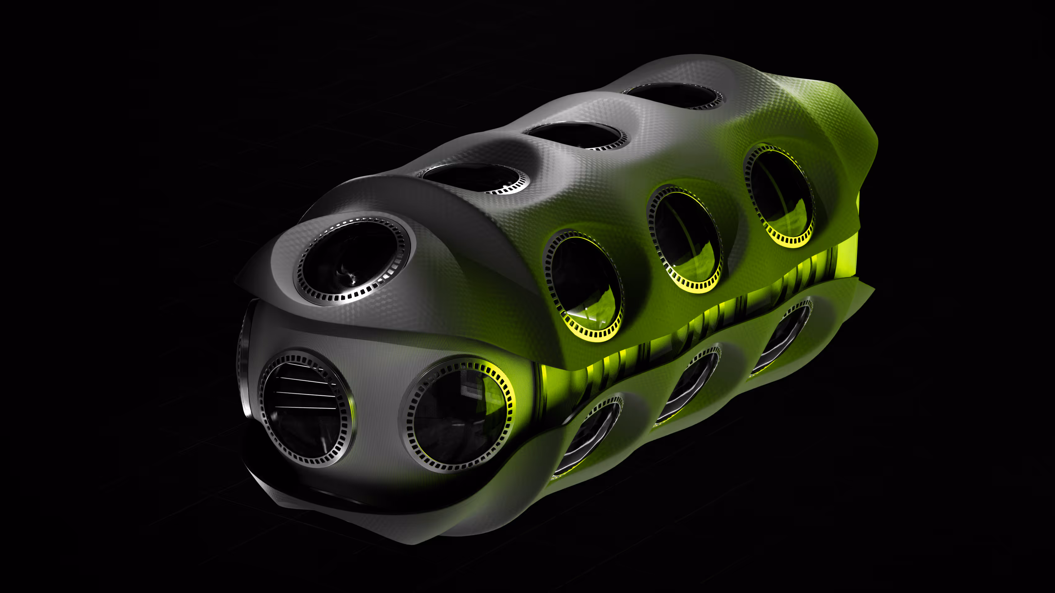 A futuristic, streamlined subsea habitat with multiple rounded viewing ports and a textured outer shell illuminated by green light.