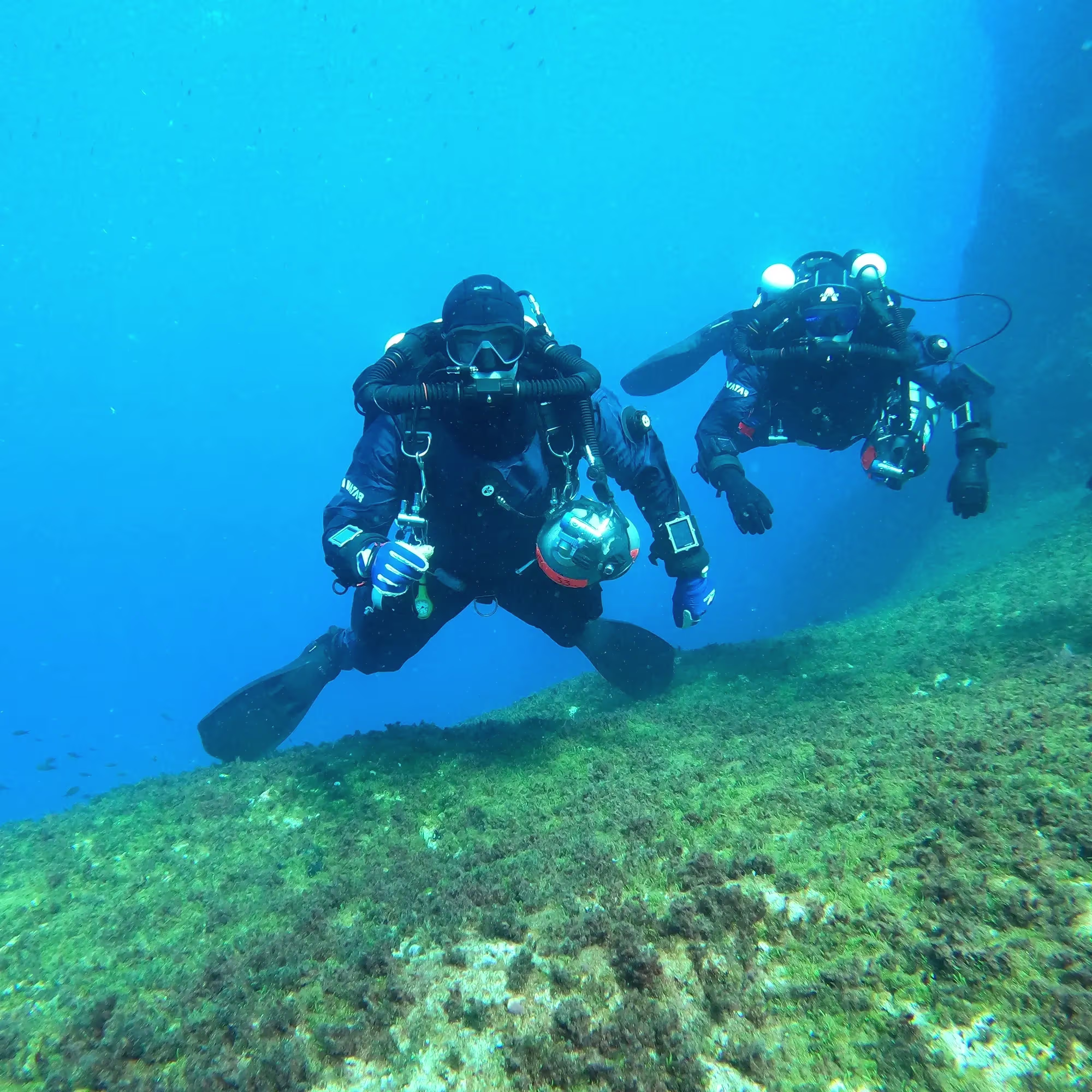 Scuba diver swimming near vibrant orange coral reef under bright sunlight filtering through clear blue ocean water