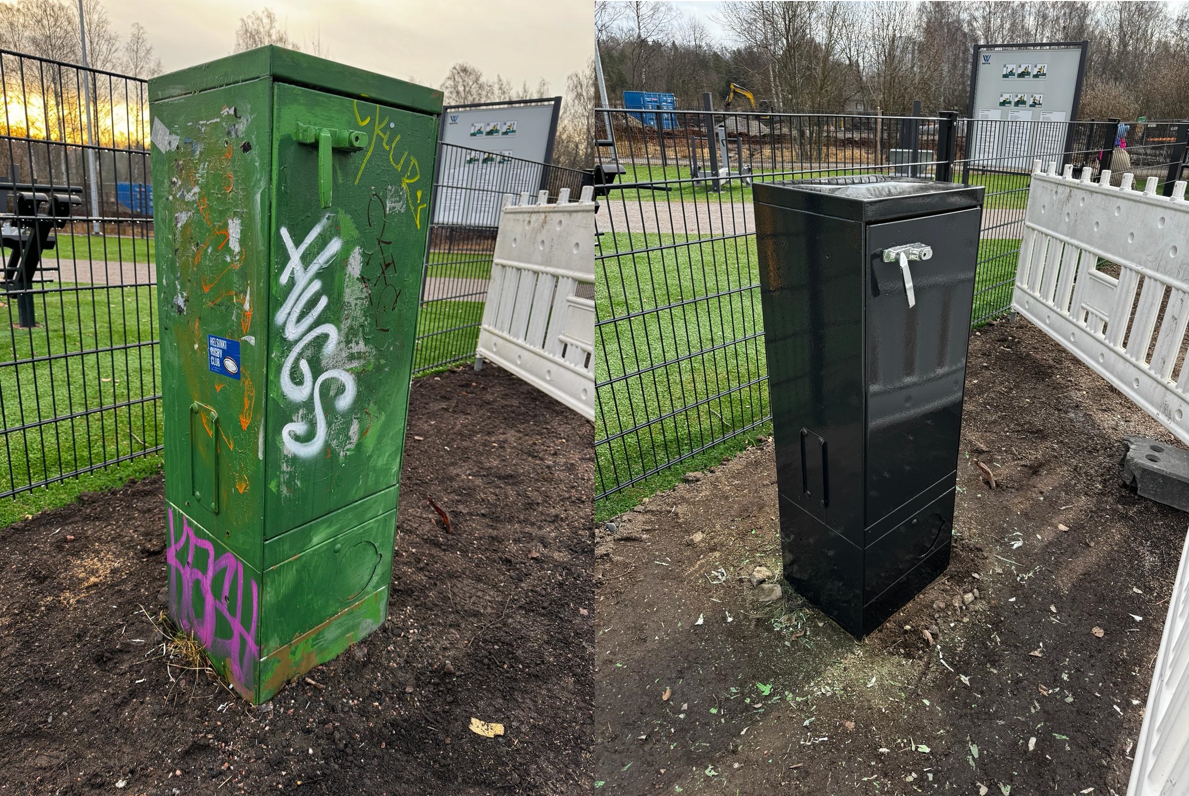 Sähkökaapin kunnostus, ennen ja jälkeen kuva