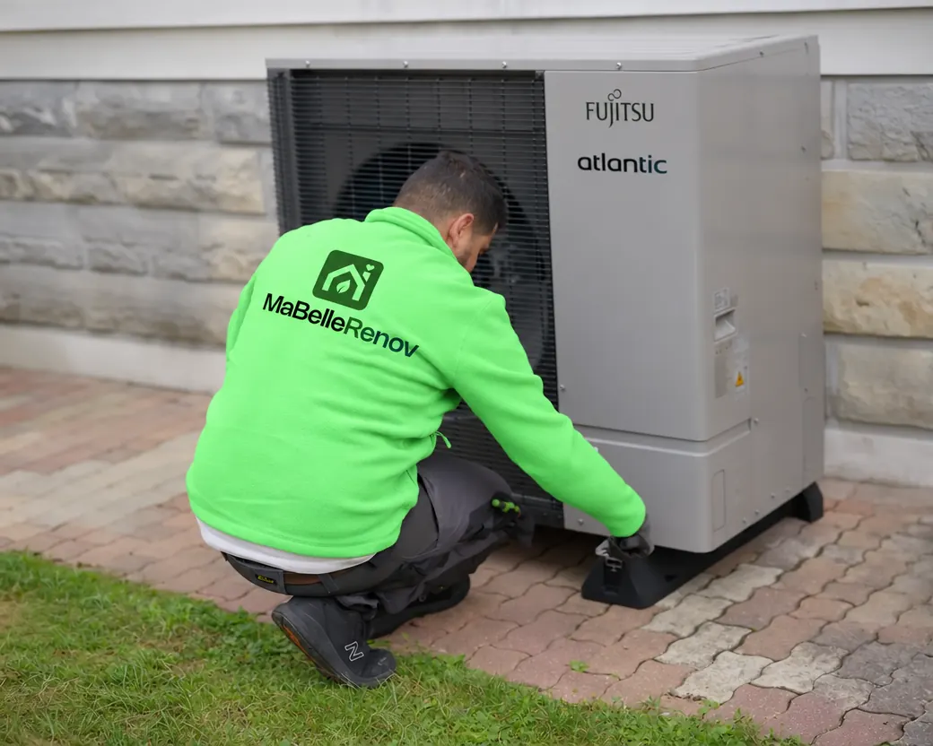 Technicien MaBelleRénov installant une pompe à chaleur air/eau Atlantic Fujitsu devant une maison en pierre