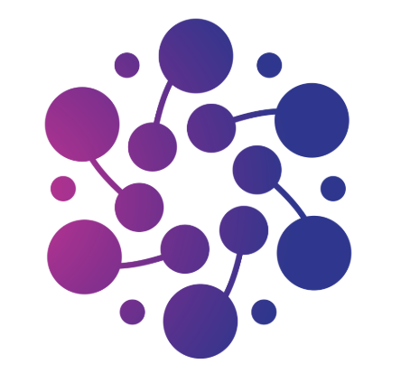 Abstract circular network of interconnected dots with a gradient from pink to blue.