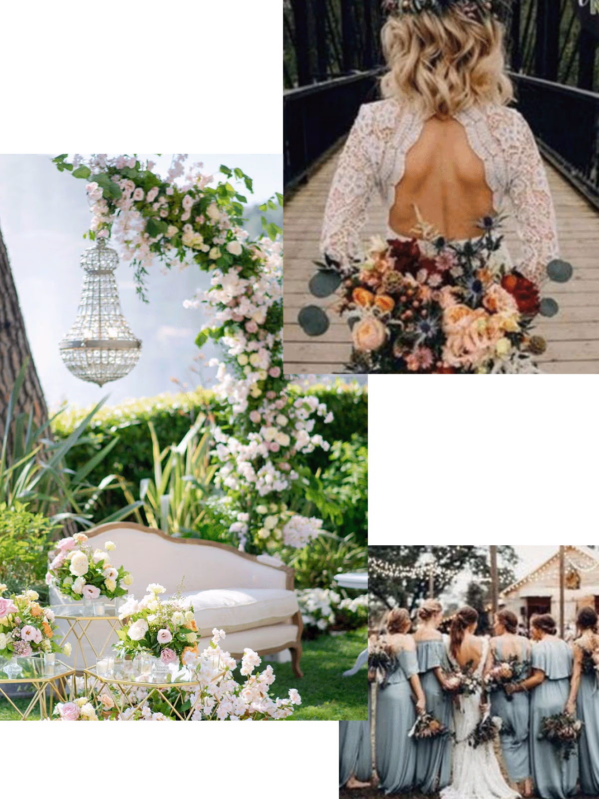 Braut in Spitzenkleid mit Blumenstrauß, Blumenbogen mit Sofa und Gruppe von Brautjungfern im Freien.