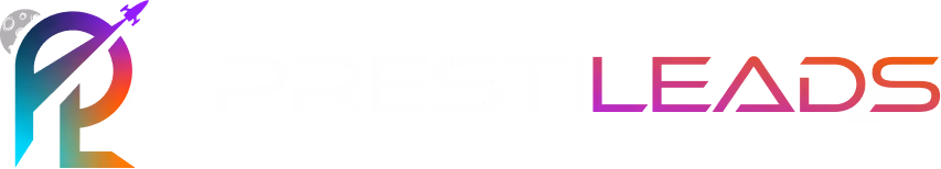 Prestileads logo featuring a stylized 'PL' with a rocket icon and gradient text from white to magenta to orange.