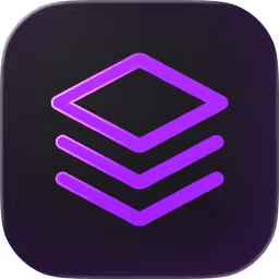 Purple three-layered stacked rhombus icon on a rounded dark square background.