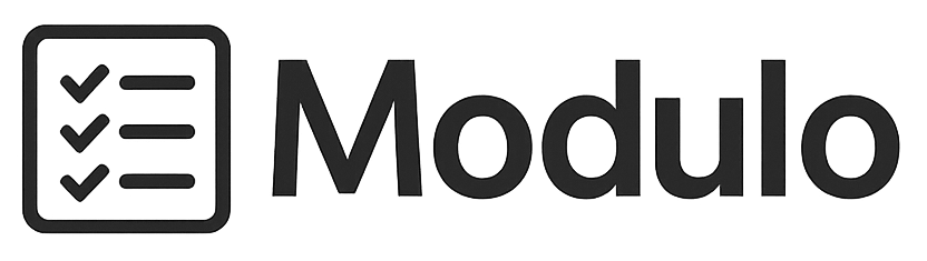 Logo with three checkmarks next to lines inside a rounded square, followed by the word Modulo.