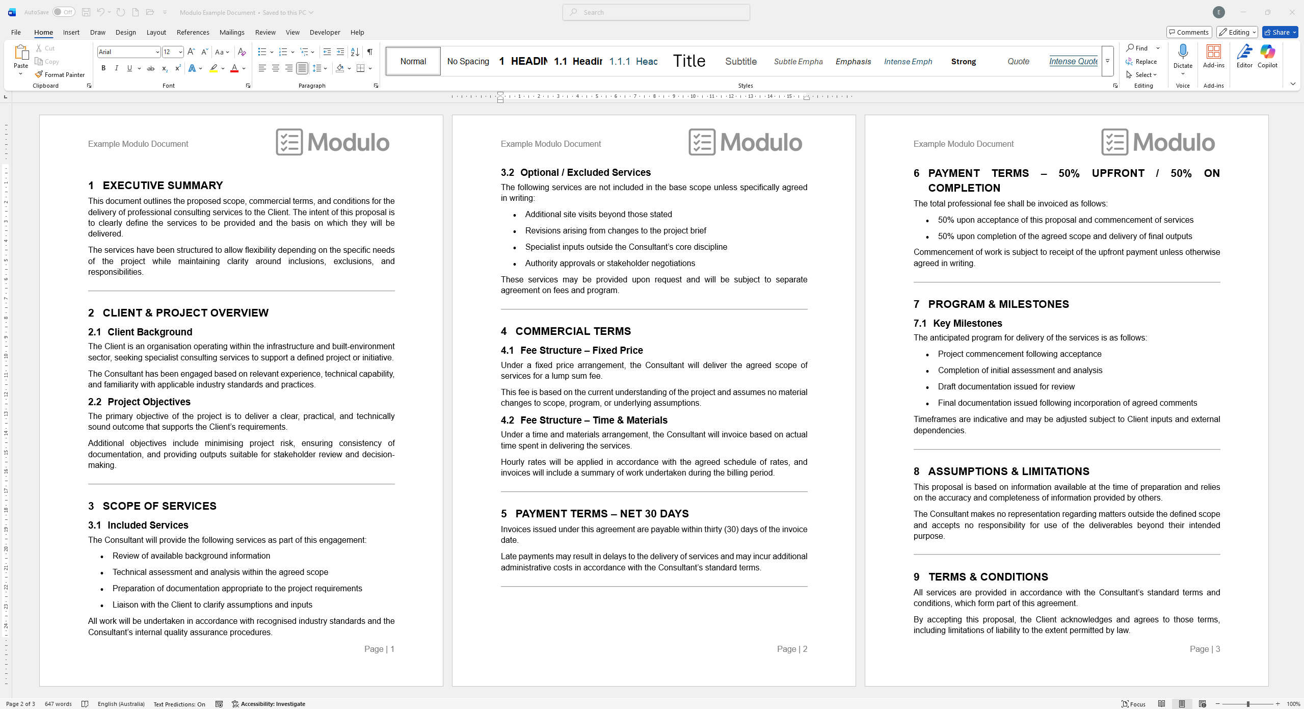 Three-page professional consulting proposal document with sections on Executive Summary, Client & Project Overview, Scope of Services, Optional/Excluded Services, Commercial Terms, Payment Terms, Program & Milestones, Assumptions & Limitations, and Terms & Conditions.