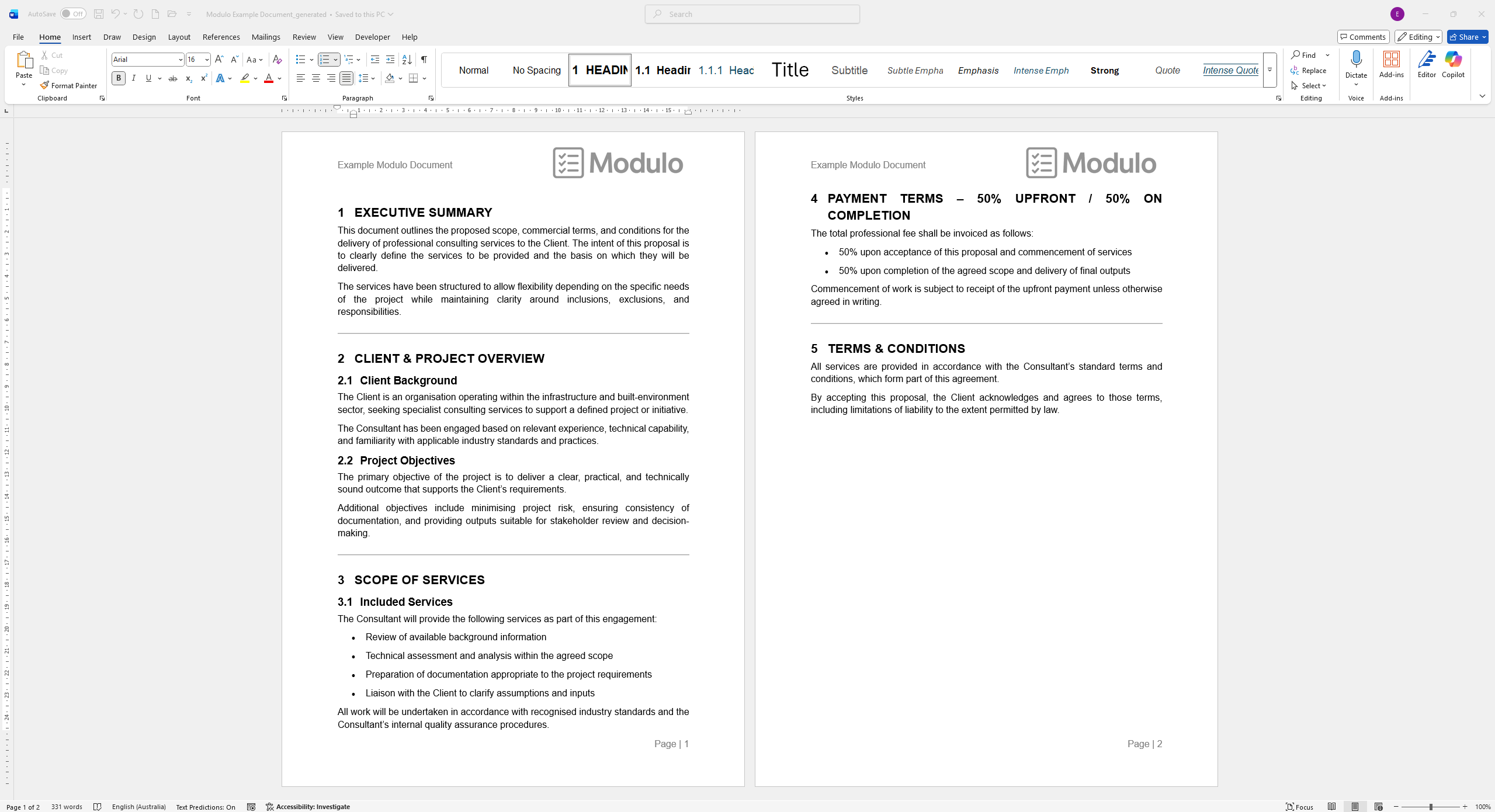 Two-page professional document titled 'Example Modulo Document' with sections including Executive Summary, Client & Project Overview, Scope of Services, Payment Terms, and Terms & Conditions.