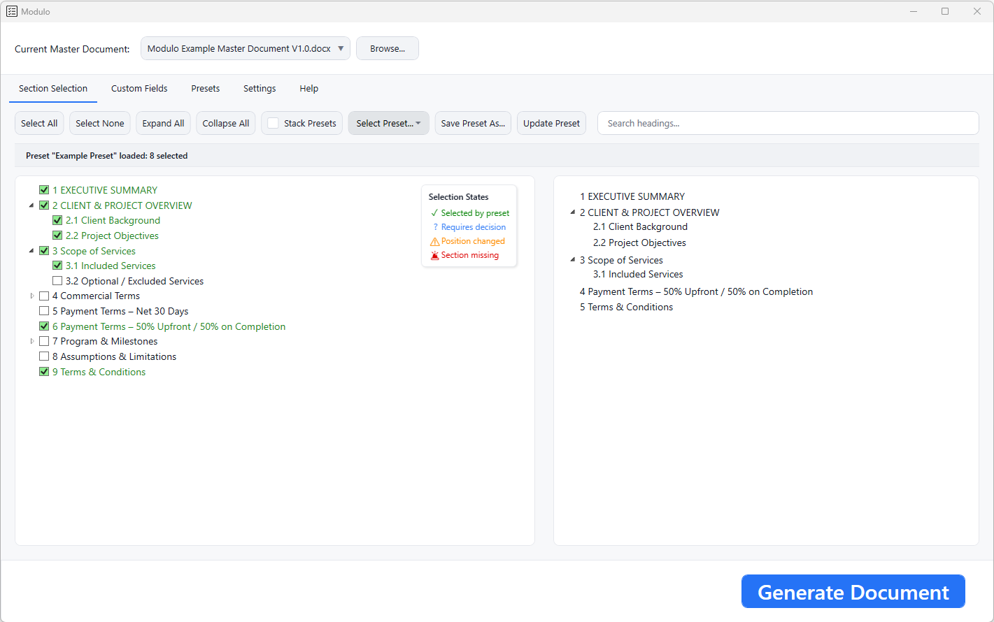 Modulo app interface showing a document selection panel with sections to include in a generated document and a preview of the selected content.