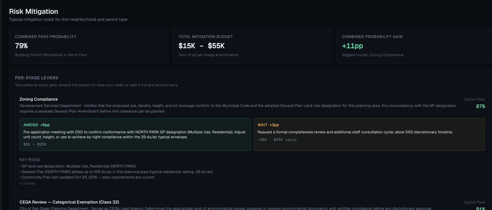 LANDMARQ risk mitigation screen showing amend versus wait options with probability gains and costs