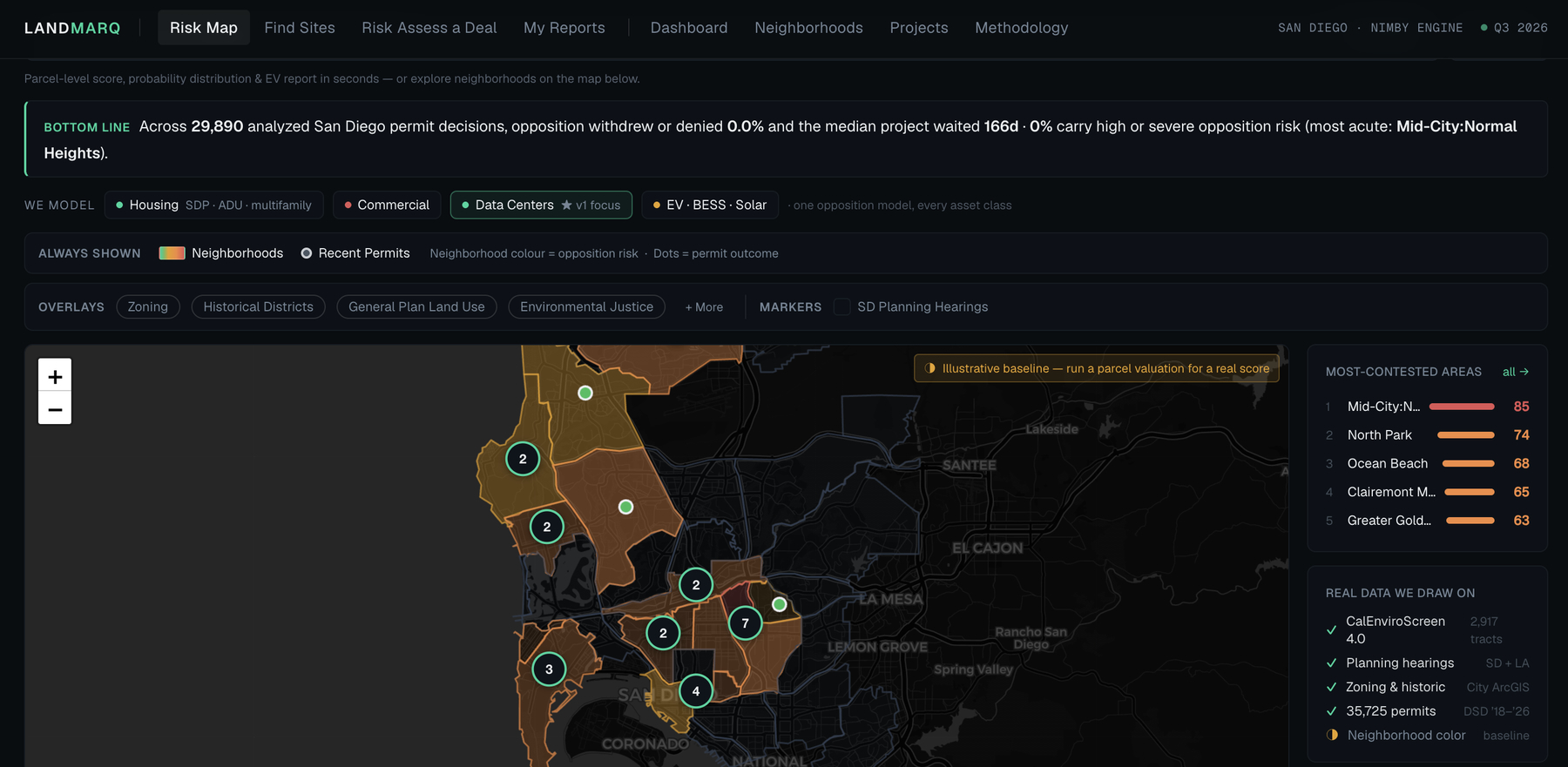 LANDMARQ Risk Map showing San Diego neighborhood opposition scores and most-contested areas