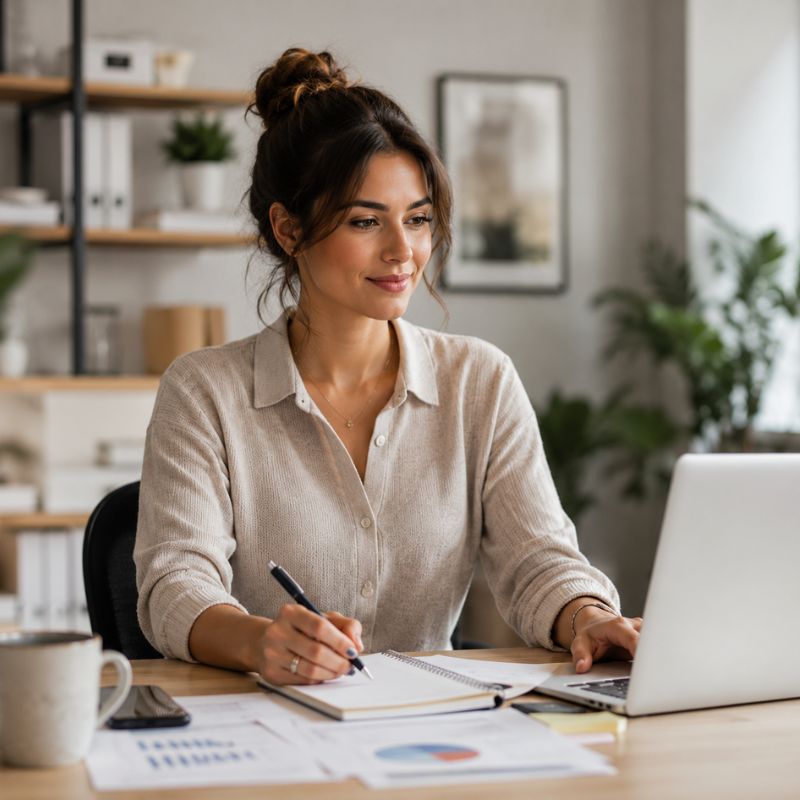 Indépendante travaillant à son bureau, protégée par une assurance RC Pro — Select Assurance