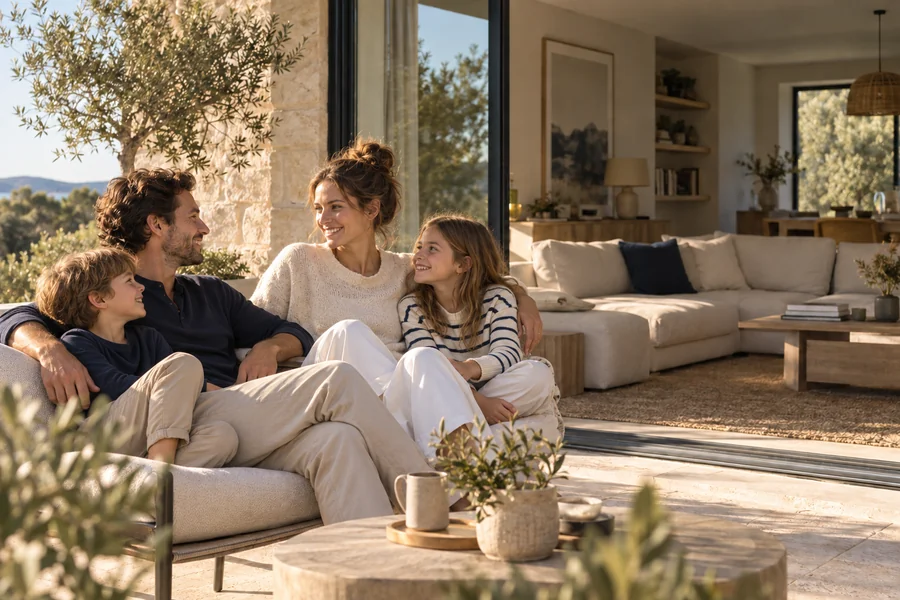 Une famille réunie chez elle
