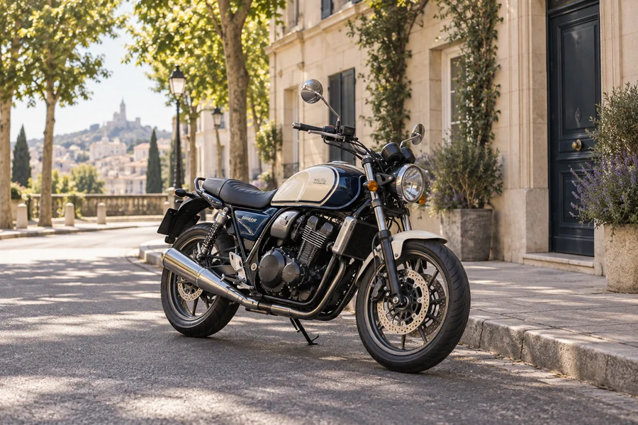 Moto du quotidien stationnée dans une rue arborée