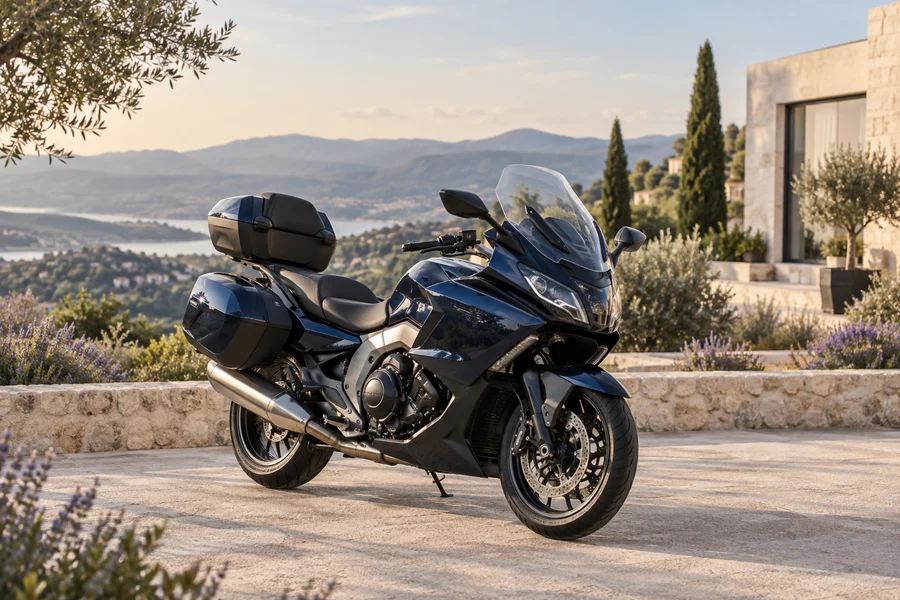Moto récente sur une esplanade avec vue sur les collines
