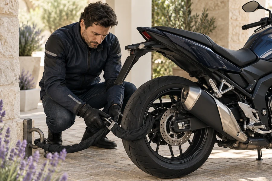 Motard sécurisant sa moto avec un antivol