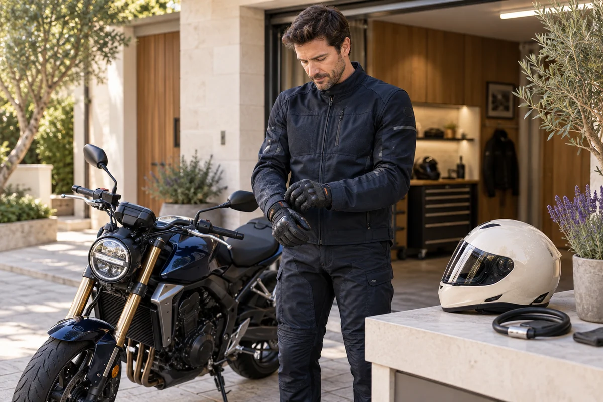 Motard ajustant ses gants près de sa moto, avec un casque et un antivol