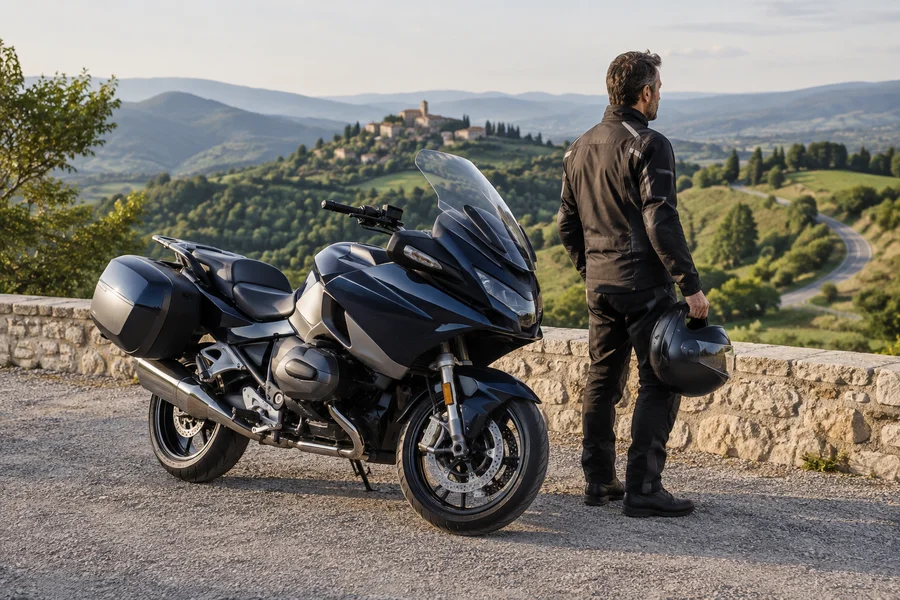 Moto de tourisme et motard devant un paysage de campagne