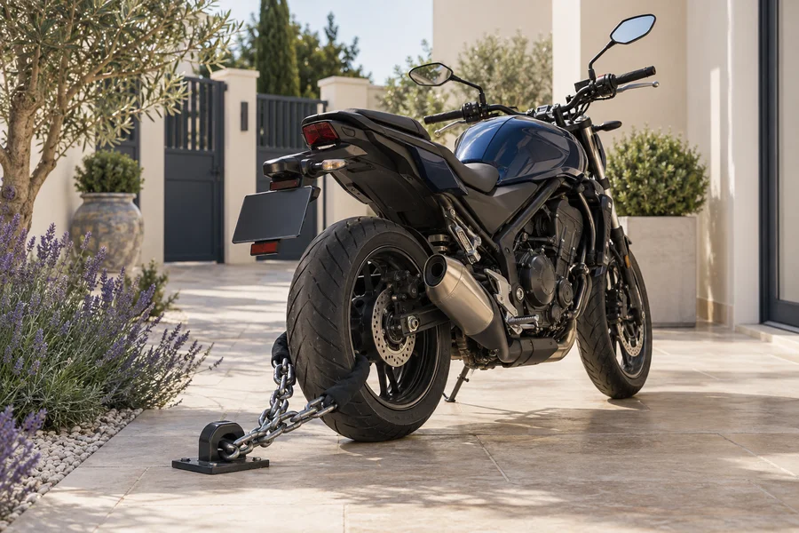Moto attachée à un point d’ancrage dans une cour