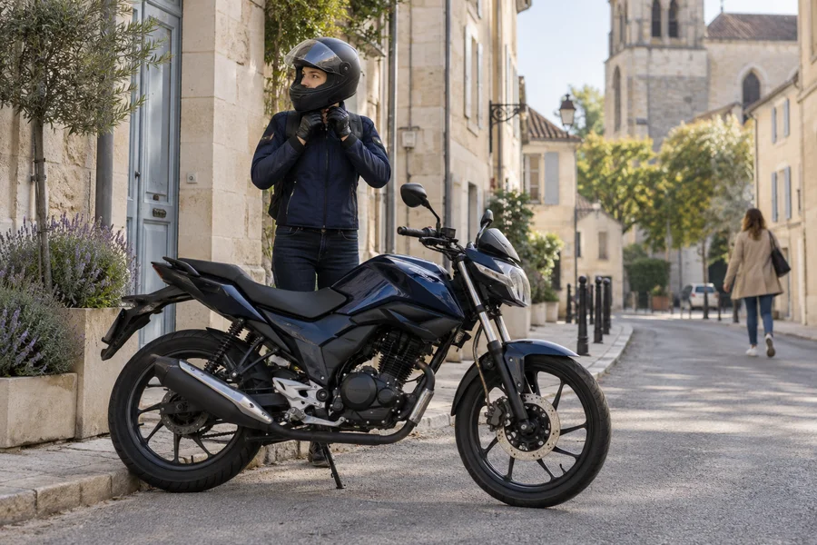 Motard et moto de ville dans une rue calme