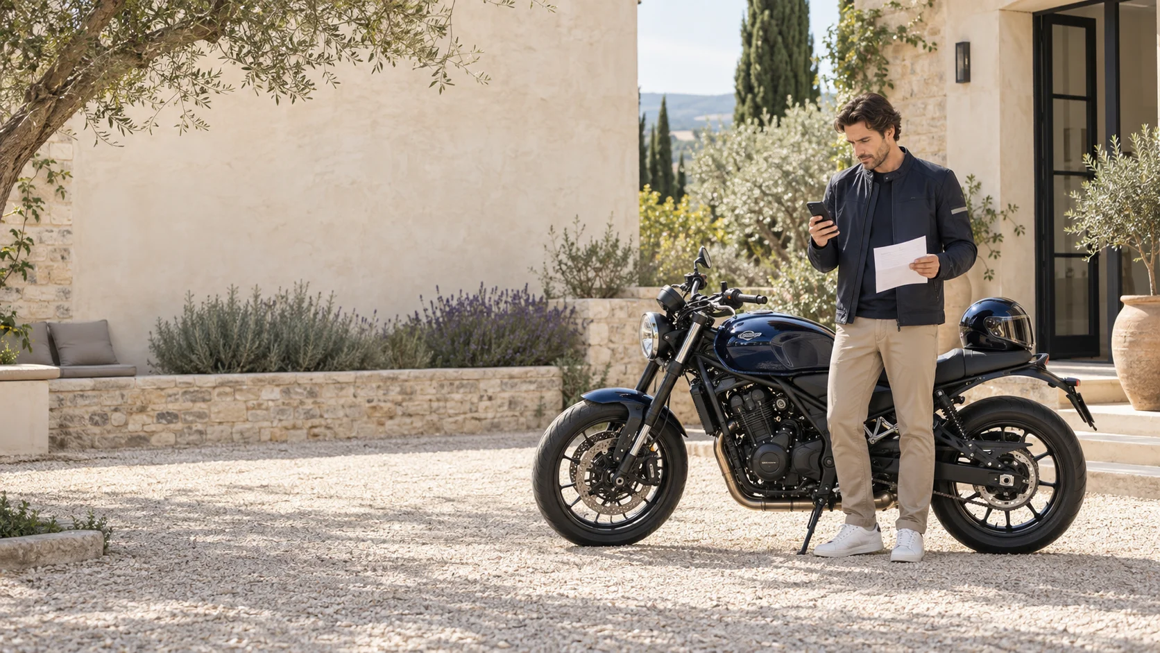 Motard consultant son téléphone et un courrier près de sa moto