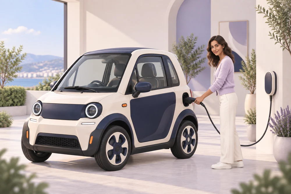 Voiturette électrique en charge devant une maison