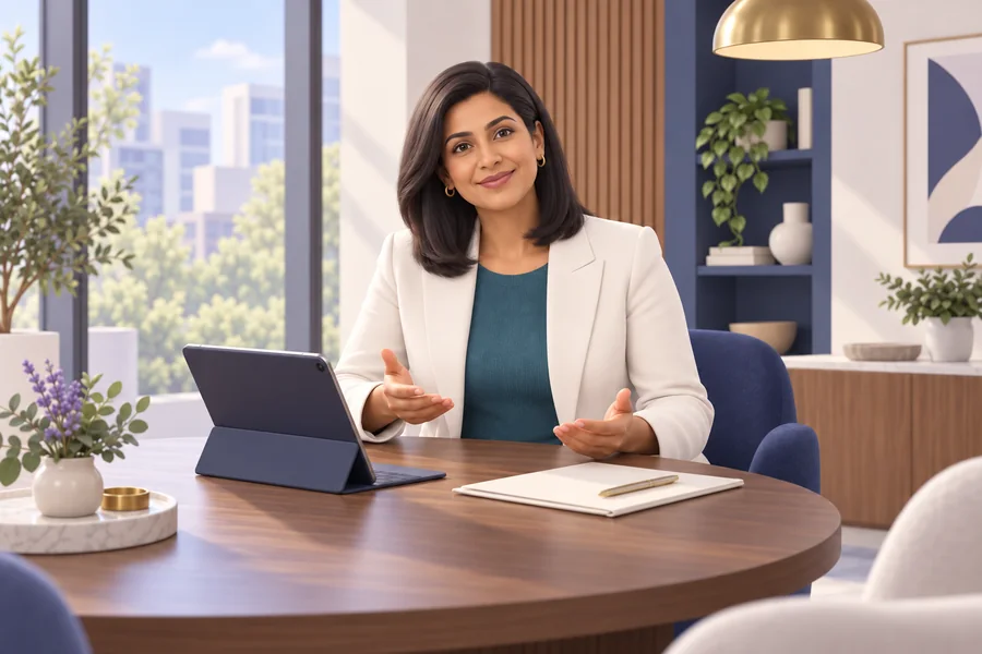 Conseillère illustrée en 3D expliquant un dossier automobile
