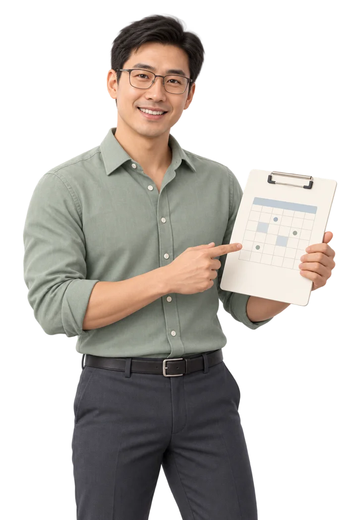 Conseiller illustré en chemise sauge indiquant une date sur un document