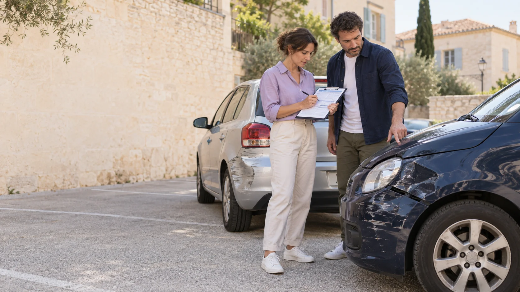 Deux automobilistes remplissant un constat près de deux voitures après un accrochage