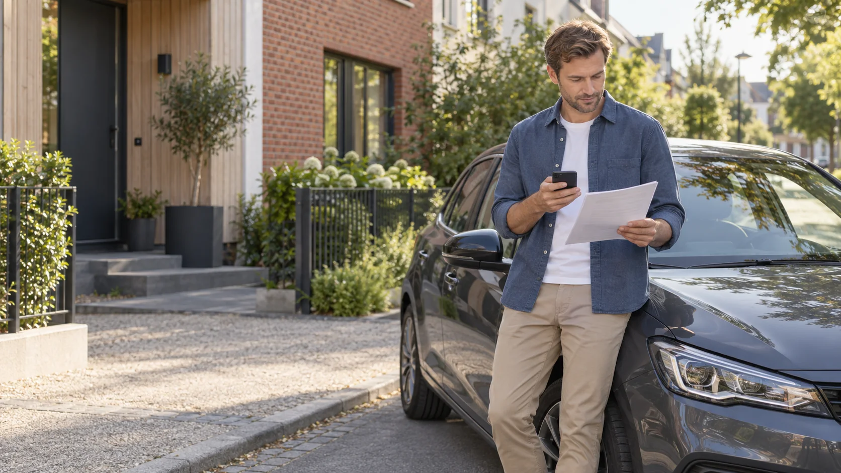 Conducteur comparant son assurance près de sa voiture