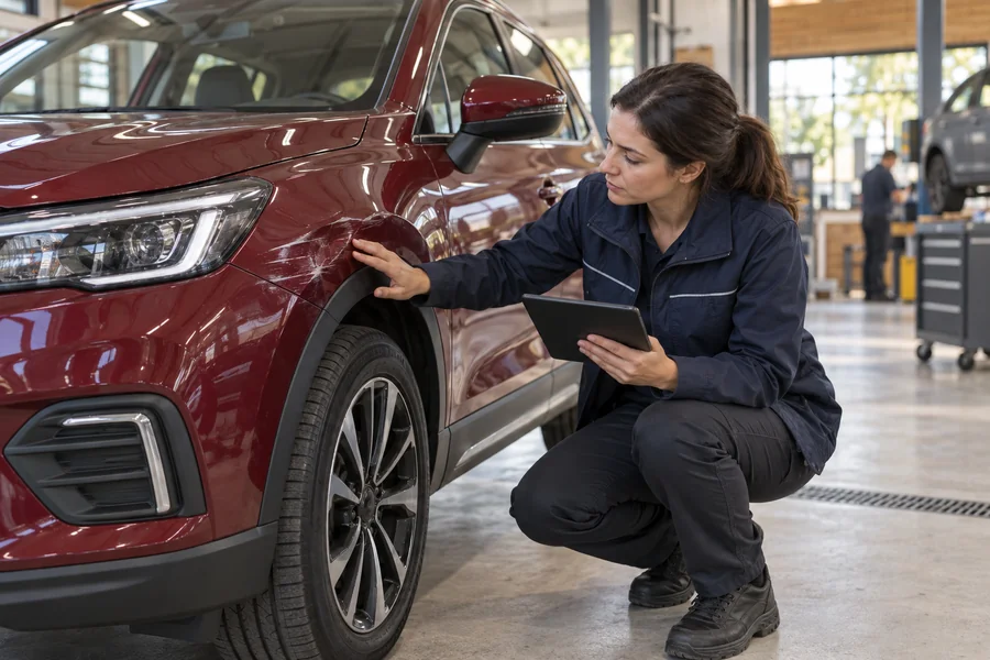 Examen de dommages sur la carrosserie d’une voiture