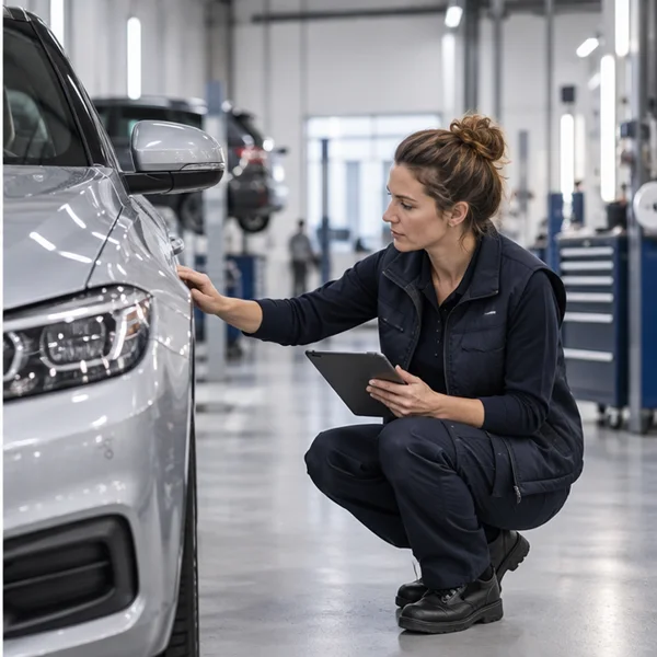 Professionnelle examinant une voiture dans un atelier