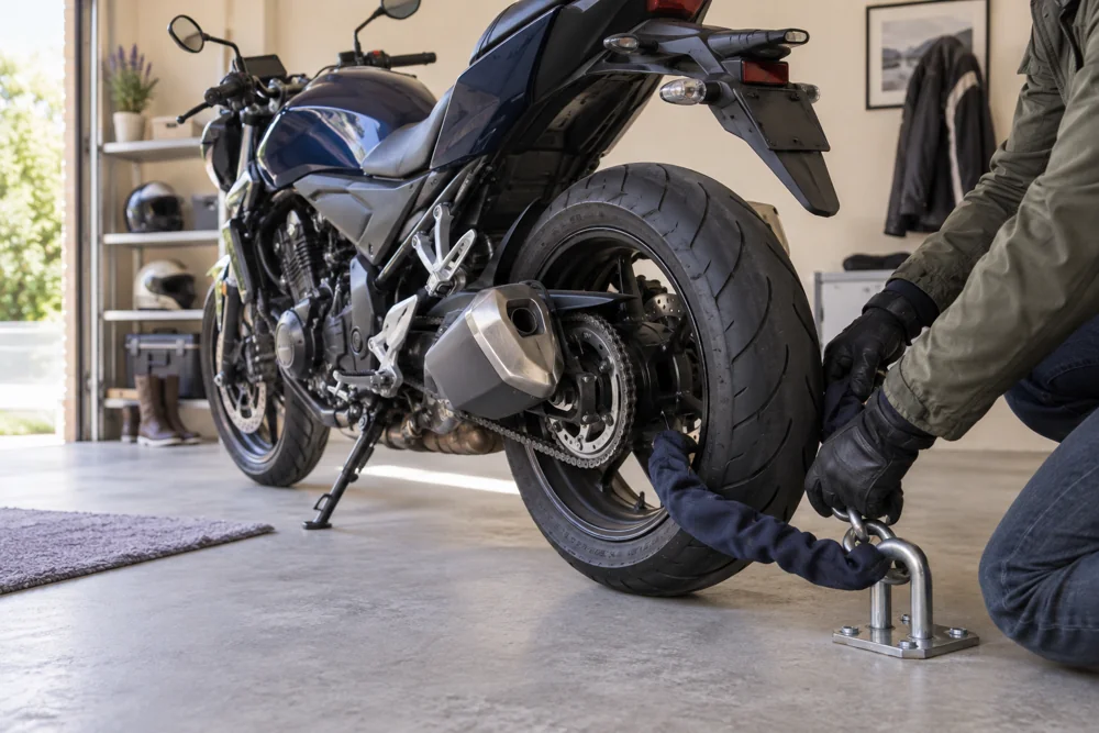 Moto sécurisée avec un antivol dans un garage