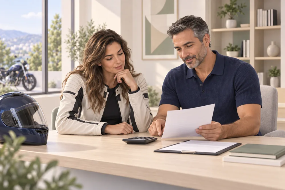 Conseiller et motarde examinant un document d’assurance et le budget ensemble