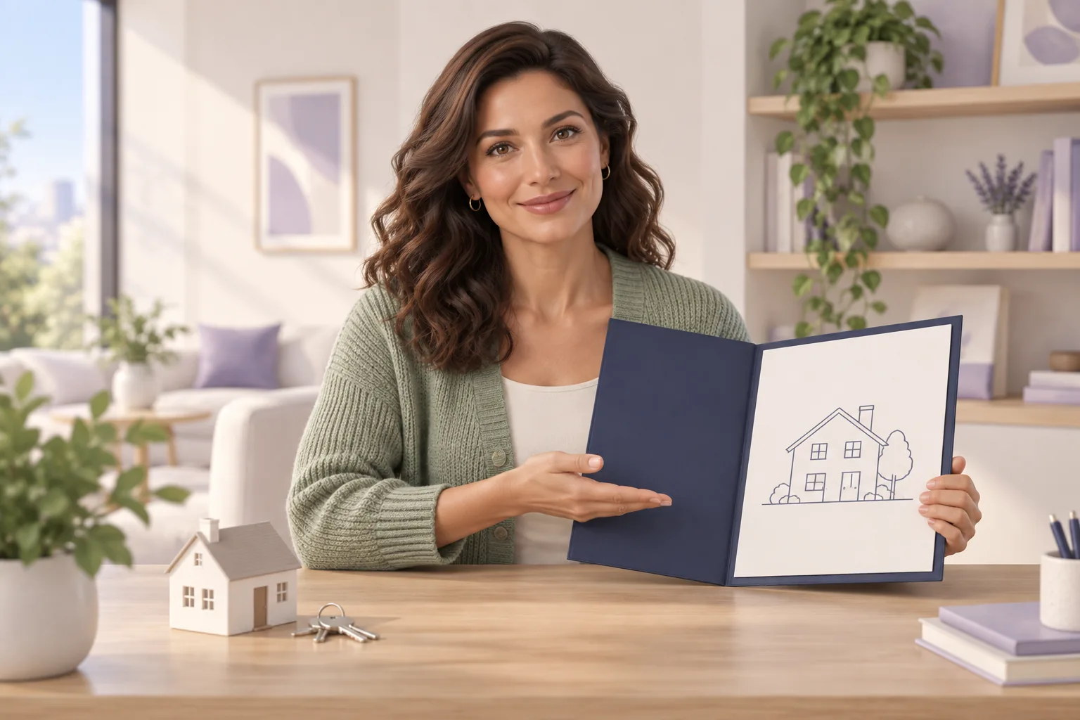 Conseillère illustrée expliquant les garanties habitation avec un dossier et une maquette de maison
