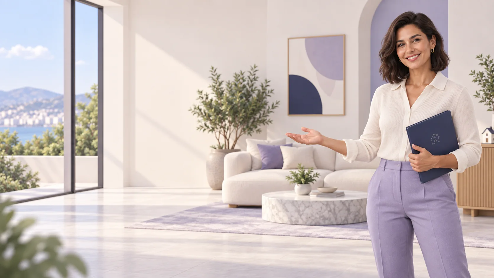Conseillère illustrée présentant un dossier habitation dans un salon lumineux