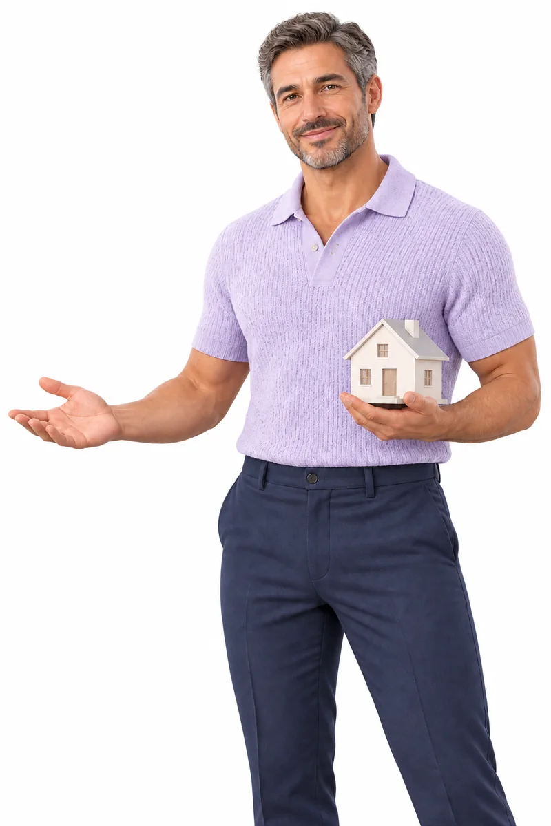 Conseiller en 3D tenant une maison et présentant les points à vérifier