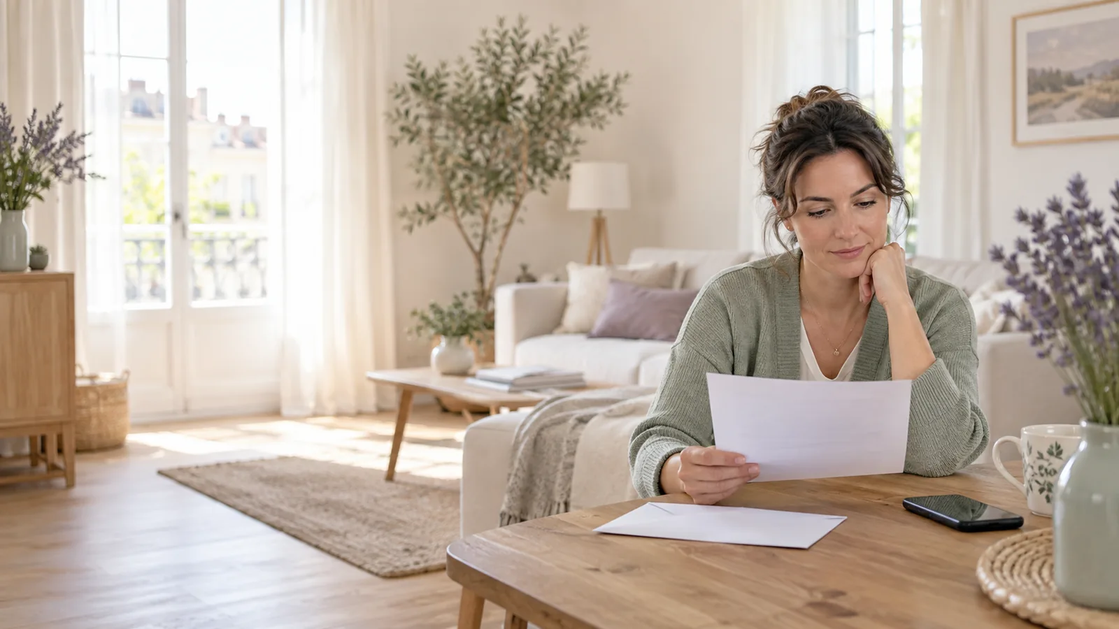 Une femme fait le point sur son courrier d’assurance dans son appartement