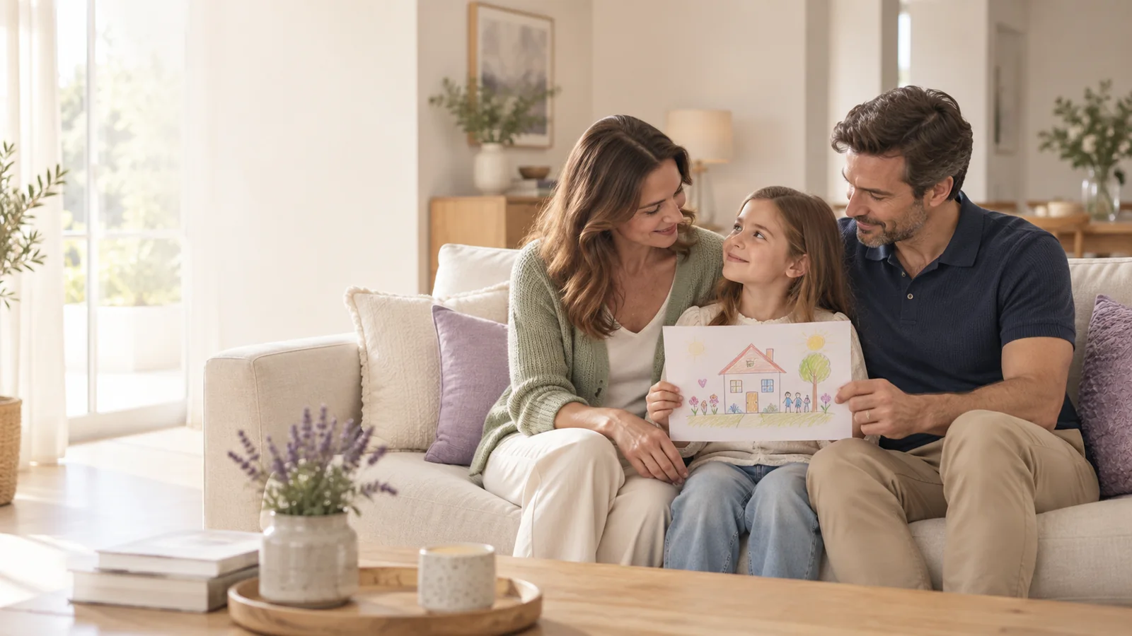 Des parents partagent un moment avec leur fille dans leur salon
