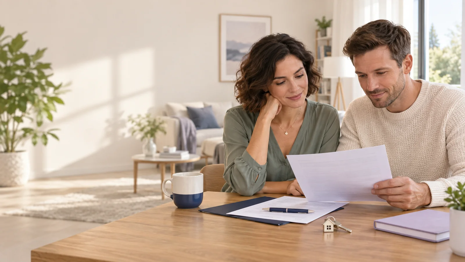 Un couple étudie son dossier de prêt immobilier dans son nouveau logement